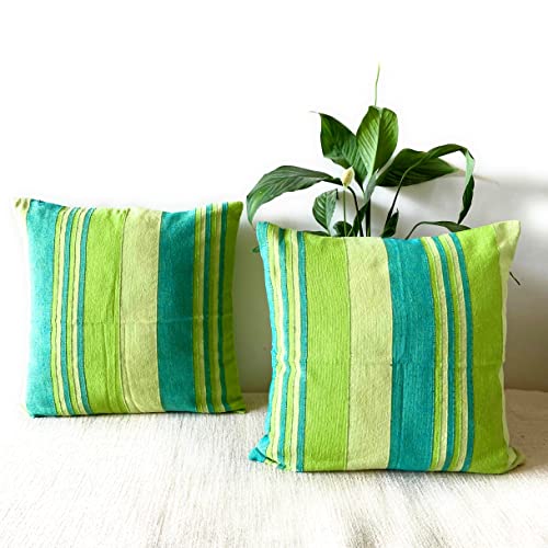 RANGBHAR Handloom Cotton Cushion Covers With Concealed Top Zip, Striped/Solid Cushion Covers For Living Room, 16 X 16 Inch, Green, Pack Of 3, 220 TC - Image 1