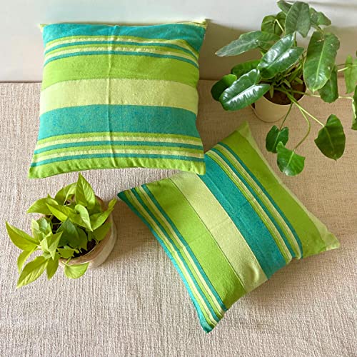 RANGBHAR Handloom Cotton Cushion Covers With Concealed Top Zip, Striped/Solid Cushion Covers For Living Room, 16 X 16 Inch, Green, Pack Of 3, 220 TC - Image 3