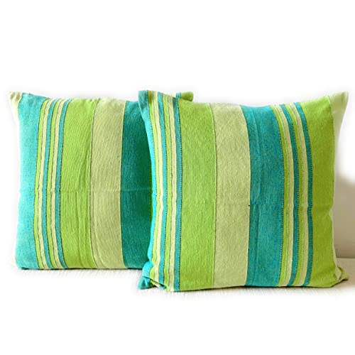 RANGBHAR Handloom Cotton Cushion Covers With Concealed Top Zip, Striped/Solid Cushion Covers For Living Room, 16 X 16 Inch, Green, Pack Of 3, 220 TC - Image 4