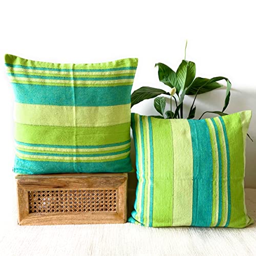 RANGBHAR Handloom Cotton Cushion Covers With Concealed Top Zip, Striped/Solid Cushion Covers For Living Room, 16 X 16 Inch, Green, Pack Of 3, 220 TC - Image 2