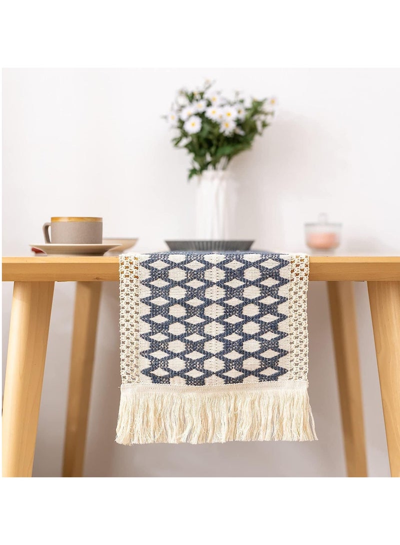 SOLARAE Table Runners 72 Inches Long Boho Runner Splicing Macrame Blue Burlap with Tassels for Bohemian Rustic Wedding Bridal Shower Home Party Kitchen Farmhouse Dining Decor - Image 2