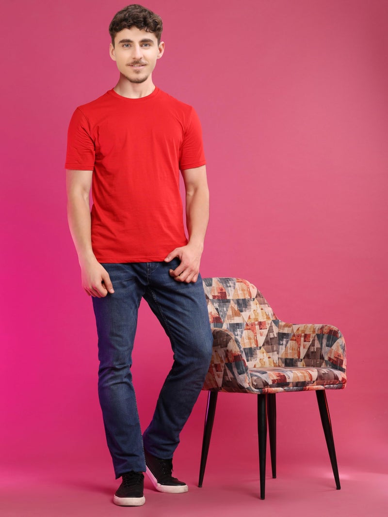 ENCIGER® Men's Solid 100% Cotton T Shirt | Round Neck | Half Sleeve | Plain-Regular Fit (Red, Medium) - Image 5