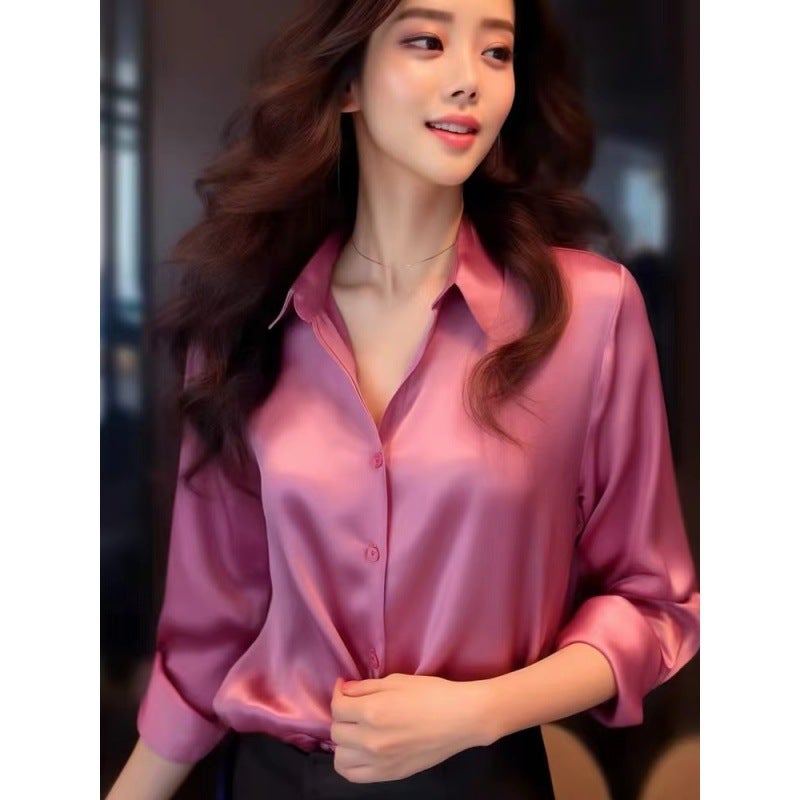 Cross-border Preferred in stock 2024 Autumn Elegant High-end New Commuting Acetic Satin Long Sleeve Loose Shirt Women Rose red