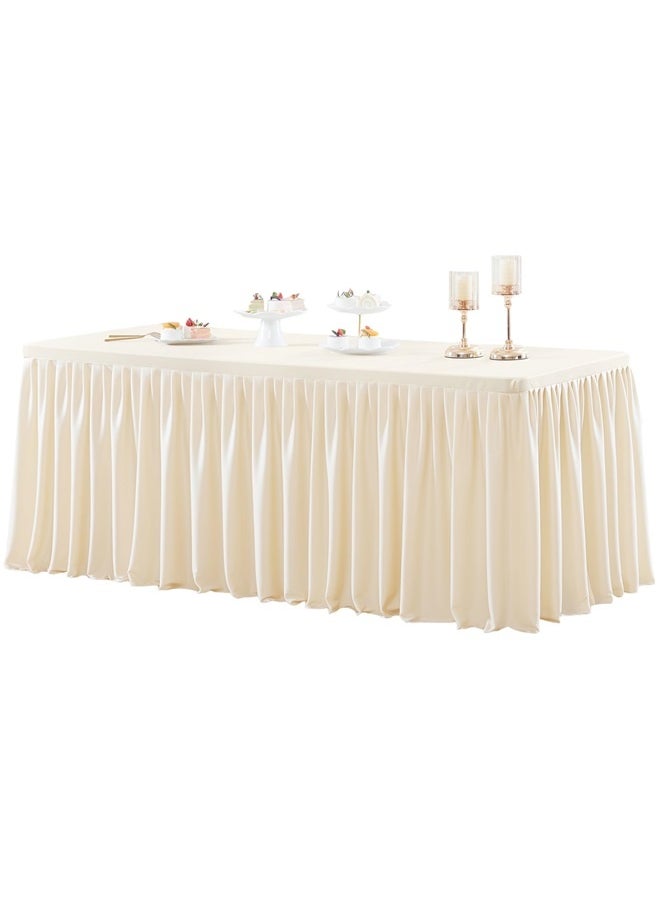 yongsheng Pleat Solid Pattern Table Cloth Ivory 150*60+75cm，Ivory Polyester Table Skirt for Rectangle Tables , Wrinkle Resistant Pleated Ruffle Table Cloth for Banquet Wedding Trade Baby Shower Display Gift Dining Table  - Image 3