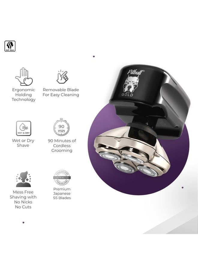 Skull Shaver ماكينة حلاقة Pitbull Gold PRO للرجال، ماكينة تشذيب الشعر الرطب/الجاف بأربع شفرات مع محول USB أمريكي وكابل شحن، ماكينة حلاقة دوارة قابلة لإعادة الشحن رباعية الأبعاد مع بطارية ليثيوم أيون، مجموعة عناية مقاومة للماء - Image 2