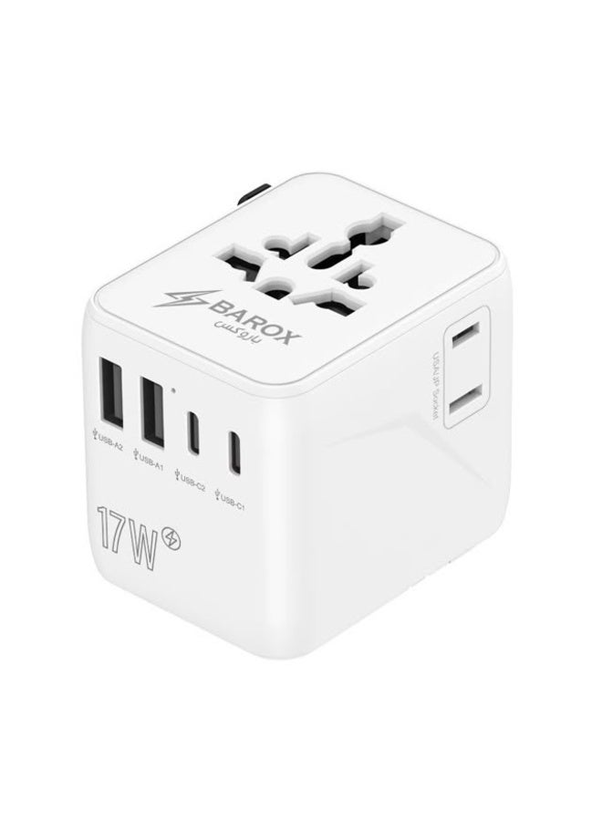 باروكس محول عالمي للسفر  - محطة شحن USB متعددة المنافذ 4 في 1، شاحن حائط سريع 17 واط مع 2 منفذ USB-A و2 منفذ USB-C ، متعدد الوظائف لشحن الأجهزة الإلكترونية، تصميم مكعب صغير وأنيق باللون الأبيض للمنزل والمكتب - Image 1