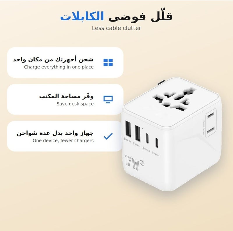 باروكس محول عالمي للسفر  - محطة شحن USB متعددة المنافذ 4 في 1، شاحن حائط سريع 17 واط مع 2 منفذ USB-A و2 منفذ USB-C ، متعدد الوظائف لشحن الأجهزة الإلكترونية، تصميم مكعب صغير وأنيق باللون الأبيض للمنزل والمكتب - Image 5