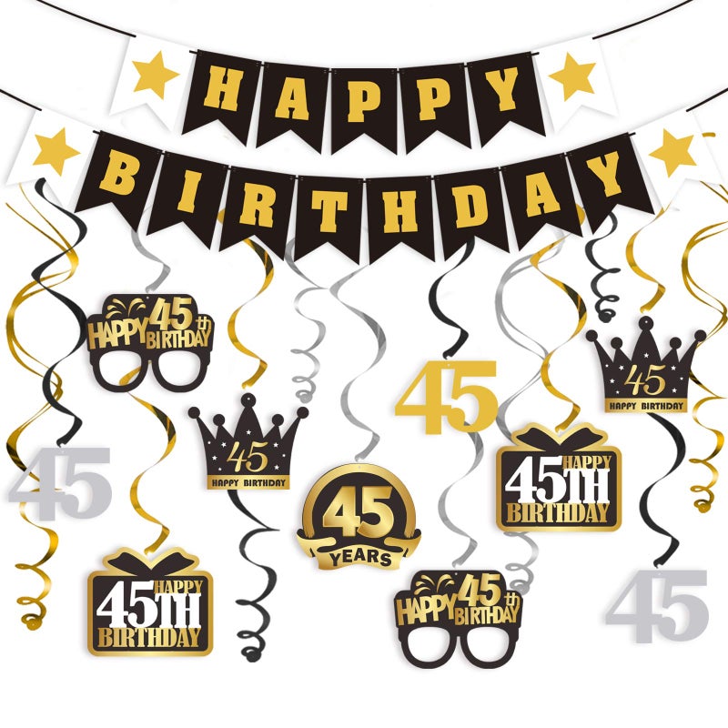 LINGTEER Happy 45th Birthday Decorations Set  12Pcs Black  Gold Swirls StreamerHappy Birthday Bunting BannerCheers to 45 Years Old Bday Party Decorations Gift Sign
