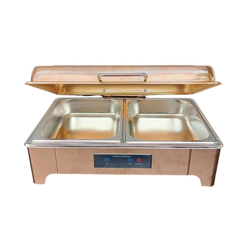 Shoppers Hub PNQ 9L Rectangle Rose Gold 2 Compartment Chafing Dish with Hydraulic Soft Close Inbuilt Heater Digital Temperature Controller for Use In Hotels Buffets Restaurants Size 36x56x20cm  - Image 5