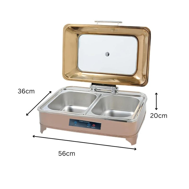 Shoppers Hub PNQ 9L Rectangle Rose Gold 2 Compartment Chafing Dish with Hydraulic Soft Close Inbuilt Heater Digital Temperature Controller for Use In Hotels Buffets Restaurants Size 36x56x20cm  - Image 2