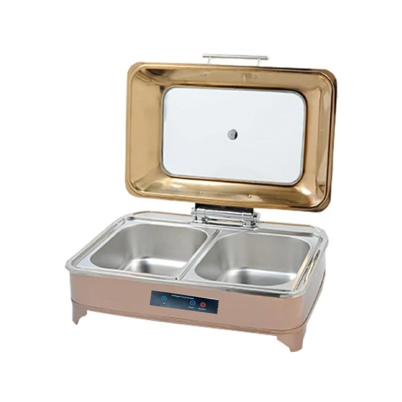 Shoppers Hub PNQ 9L Rectangle Rose Gold 2 Compartment Chafing Dish with Hydraulic Soft Close Inbuilt Heater Digital Temperature Controller for Use In Hotels Buffets Restaurants Size 36x56x20cm  - Image 1