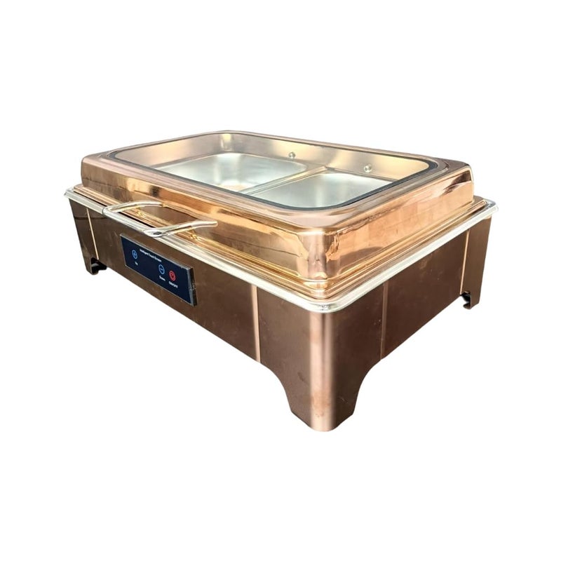 Shoppers Hub PNQ 9L Rectangle Rose Gold 2 Compartment Chafing Dish with Hydraulic Soft Close Inbuilt Heater Digital Temperature Controller for Use In Hotels Buffets Restaurants Size 36x56x20cm  - Image 3