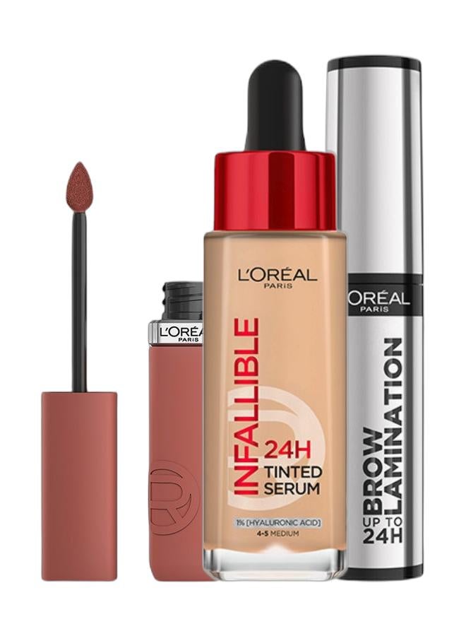 L'OREAL PARIS 24H Infallible Tinted Serum Shade Medium 4-5 & 24H Brow Lamination Gel, 5ml & Infaillible Le Matte Resistance Liquid Lipstick up to 16 Hour wear, 635 WORTH IT MEDIUM Bundle - Image 1