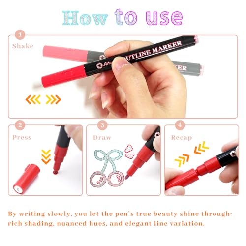 Artecho 12 Colors Self-Outline Metallic Markers, Professional Double Line Shimmer Pens for Adult Coloring, Calligraphy, Illustration & Artist-Grade DIY Crafts - Image 3