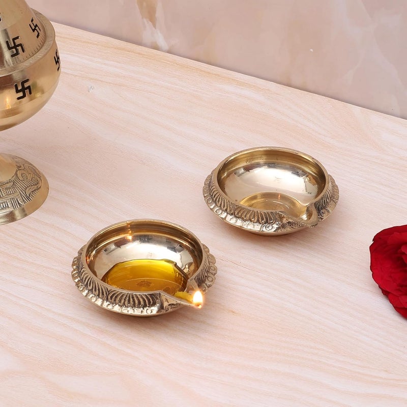 Two Moustaches Brass Kuber Diya Set Brass Diyas for Home Temple Diwali Decorations Gifts for Housewarming Golden Pack of 2 - Image 1