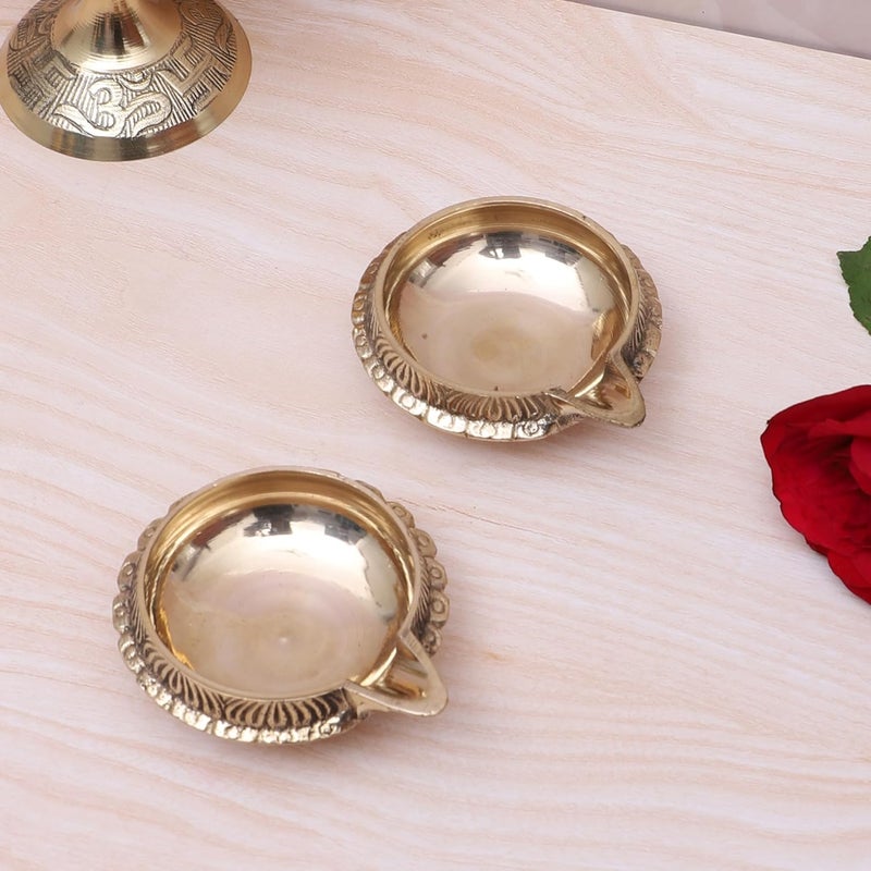Two Moustaches Brass Kuber Diya Set Brass Diyas for Home Temple Diwali Decorations Gifts for Housewarming Golden Pack of 2 - Image 3