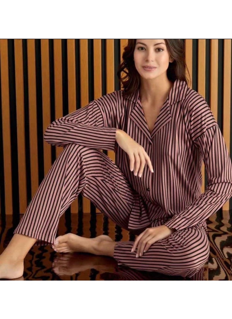 Bie's Women's Pink Striped Shirt Collar Front Buttoned Low Shoulder Long Sleeve Pajama Set 