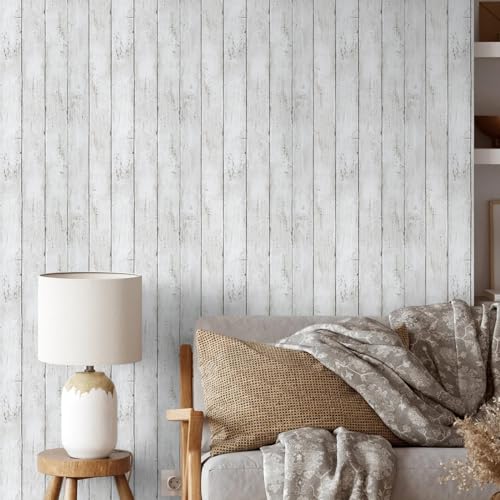 Decoroom White Gray Wood Wallpaper 17.71" X 511" Peel and Stick Removable Decorative Vintage Wood Grey Plank Wall Paper Self-Adhesive Interior Vinyl Film Shiplap for Home Decoration - Image 5