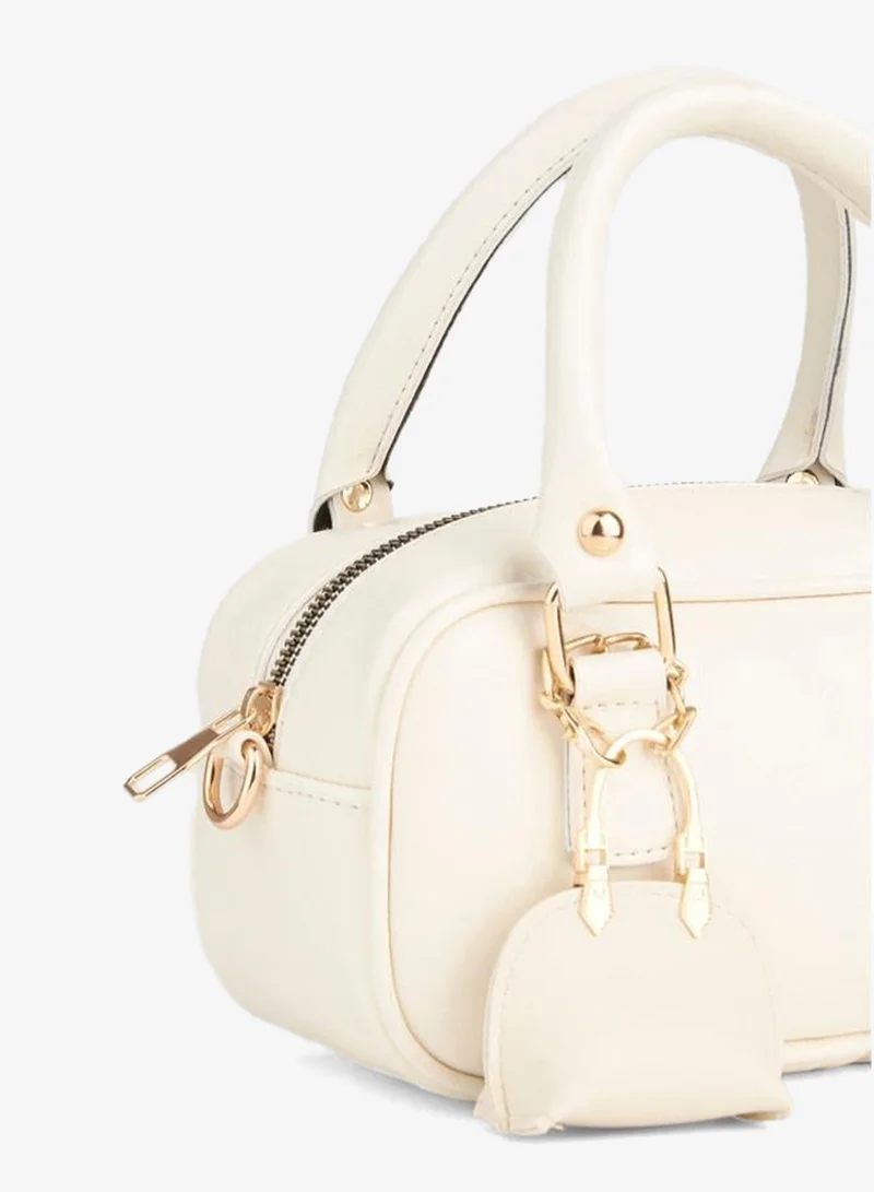 Women's Tulip Light Cream Bag with Charm Details, Rugan Faux Leather, Zipper Closure, Hand and Shoulder Bag.