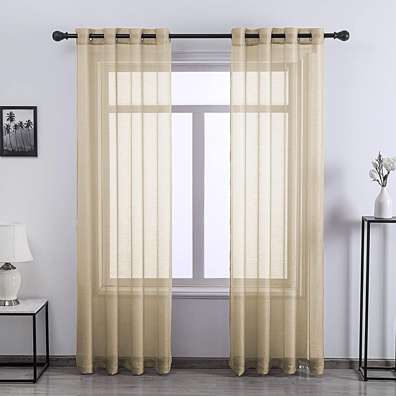 DONREN Taupe Texured Sheer Curtains Living Room Curtain - 96 inch Length Transparent Voile Drapes Grommet Window Treatment 2 Panels - Image 1