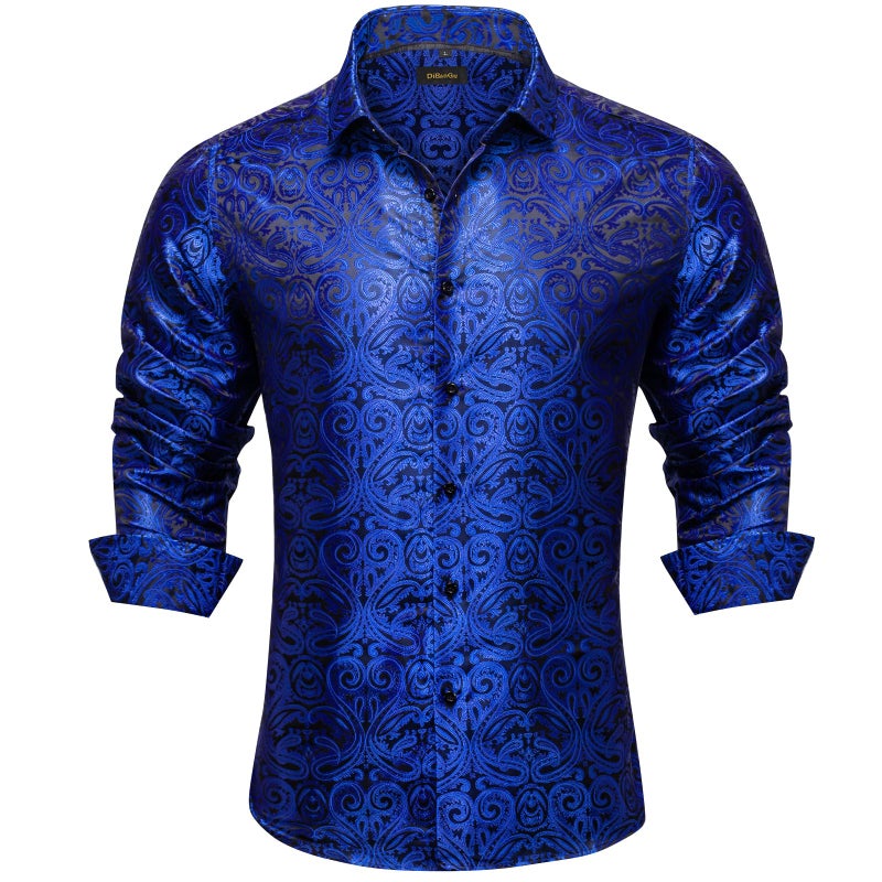 DiBanGu Mens Silk Royal Blue Paisley Dress Shirt Casual Formal Long Sleeve Blue ButtonDown Shirts for Wedding Party Blue M
