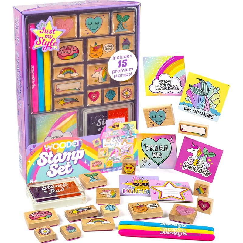 Just My Style Wood Stamp Set by Horizon Group USA 15 Wooden Stamps Scrapbooking Sheets Colorful Markers Stationery Set 2Tone Stamp Pad