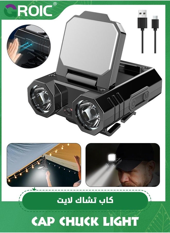GROIC LED Headlamp, Hat Clip Light with Motion Sensor, 1400 mAh 400 Lumen Rechargeable on Cap Lights, 180° Adjustable Hands Free Flashlight Headlamp for Camping, Fishing, Hiking  - Image 1