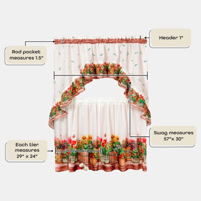 ACHIM Light Filtering Printed Tier & Swag Window Curtain Set - 24 Inch Length, 57 Inch Width - Country Garden - Machine Washable Polyester Drape for Kitchen, Living, & Dining Room Home Decor - Image 5