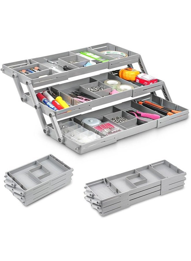 عربست منظم أدراج من 3 طبقات، منظم أدراج ذكي متعدد المستويات للمكتب، منظم أدراج ذكي متعدد المستويات للمكتب، منظم خردة قابل للتوسيع للمكتب، والمكياج، والمجوهرات، والمطبخ، منظم تخزين قابل للطي للأدراج المنزلية والمكتبية - Image 1