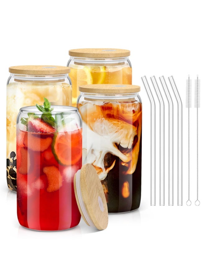 Glass Cups with Bamboo Lids and Straws, 16OZ Ice Coffee Cup, Drinking Cup set with Wooden Lids, Home Essential Glass Tumblers for Tea and Latte Clear 4 Pack - Image 1