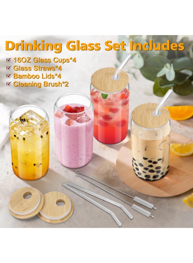 Glass Cups with Bamboo Lids and Straws, 16OZ Ice Coffee Cup, Drinking Cup set with Wooden Lids, Home Essential Glass Tumblers for Tea and Latte Clear 4 Pack - Image 2