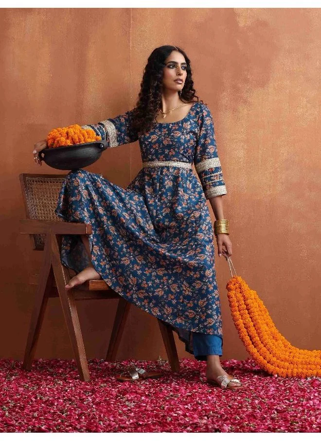 trueBrowns Blue Print Flared Anarakali Kurta Set