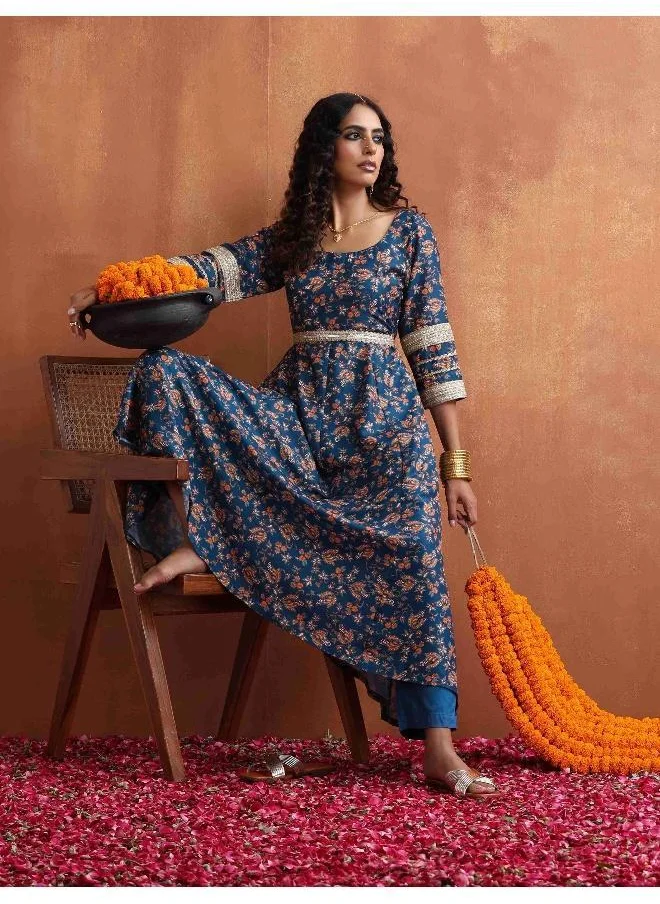 ترو برونز trueBrowns Blue Print Flared Anarakali Kurta Set