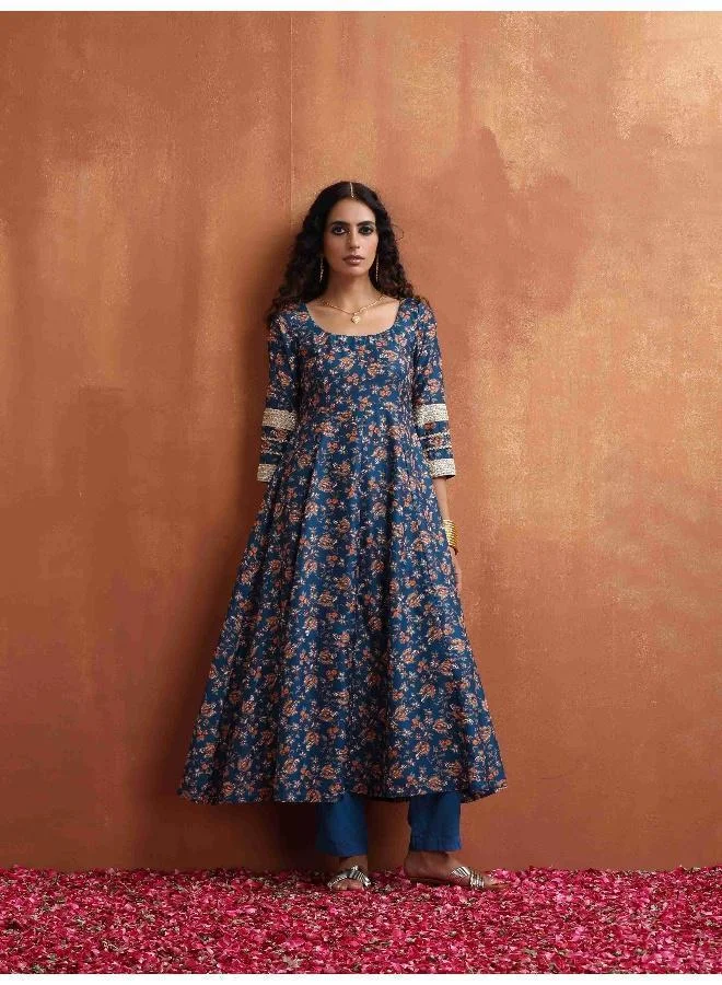 ترو برونز trueBrowns Blue Print Flared Anarakali Kurta Set