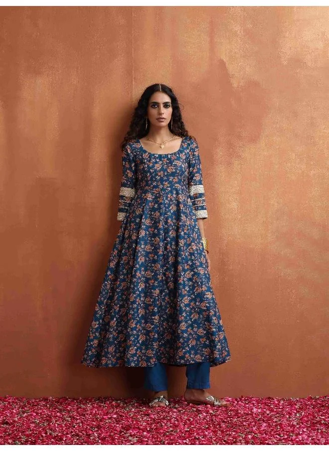 trueBrowns Blue Print Flared Anarakali Kurta Set