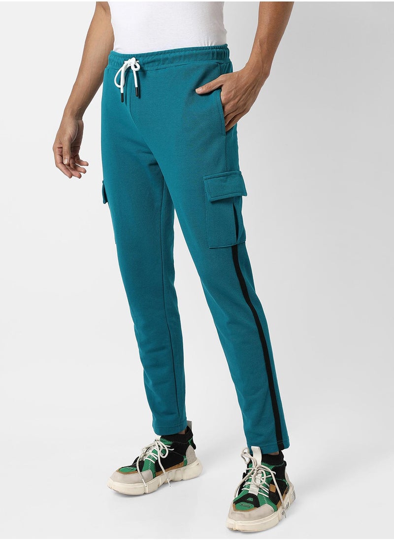 Campus Sutra Men's Solid Aqua Blue Regular Fit Trackpants  - Image 3