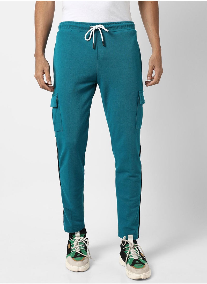 Campus Sutra Men's Solid Aqua Blue Regular Fit Trackpants  - Image 2