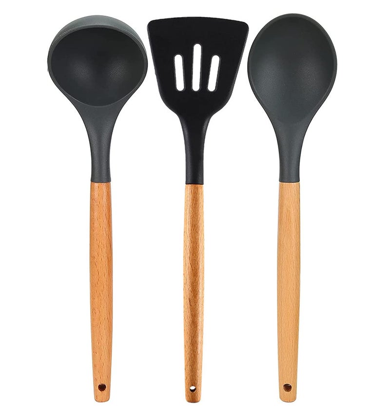 FS COOL Set of 3 Silicone Cookware Wood Handle Nonstick Cookware Heat Resistant Cookware Solid Spoon Soup Ladle Slotted Turner Perfect for Baking Cooking Mixing and serving Black Colour - Image 1