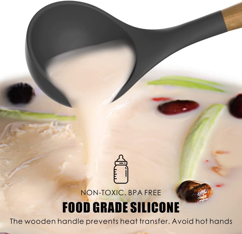 FS COOL Set of 3 Silicone Cookware Wood Handle Nonstick Cookware Heat Resistant Cookware Solid Spoon Soup Ladle Slotted Turner Perfect for Baking Cooking Mixing and serving Black Colour - Image 5