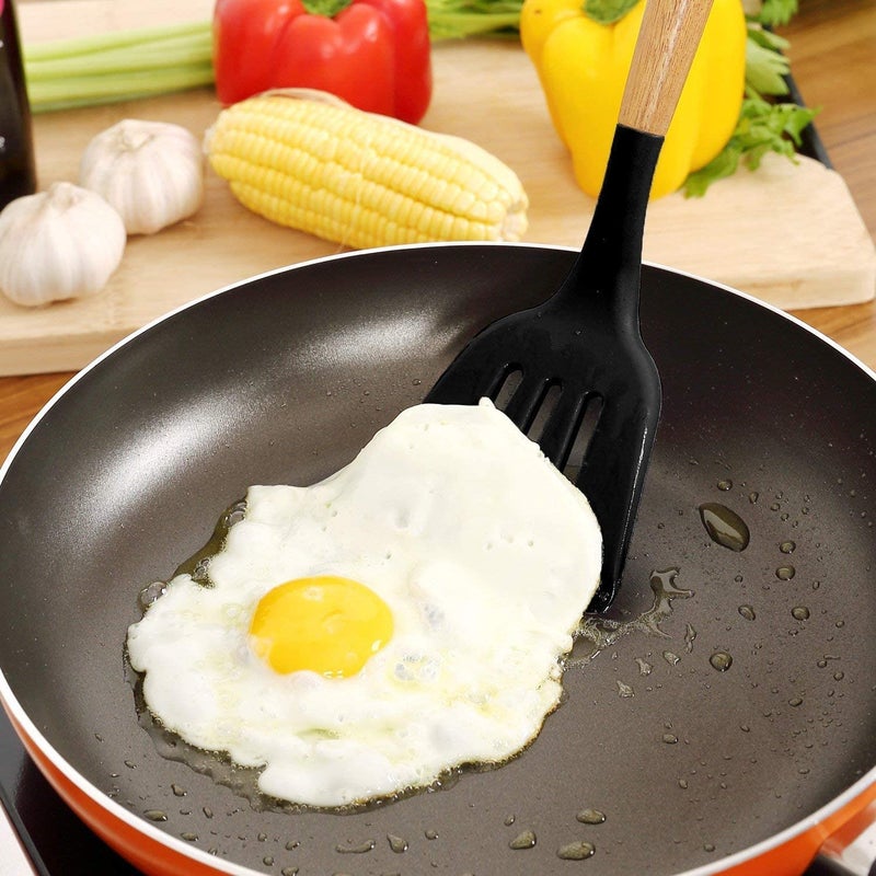 FS COOL Set of 3 Silicone Cookware Wood Handle Nonstick Cookware Heat Resistant Cookware Solid Spoon Soup Ladle Slotted Turner Perfect for Baking Cooking Mixing and serving Black Colour - Image 4
