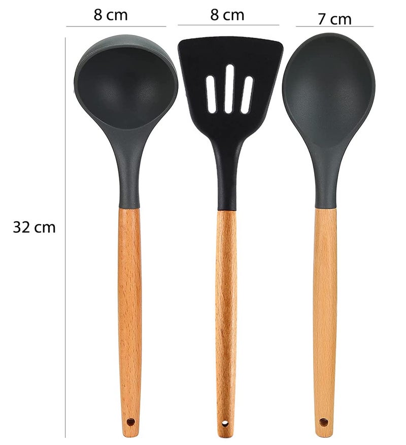 FS COOL Set of 3 Silicone Cookware Wood Handle Nonstick Cookware Heat Resistant Cookware Solid Spoon Soup Ladle Slotted Turner Perfect for Baking Cooking Mixing and serving Black Colour - Image 2