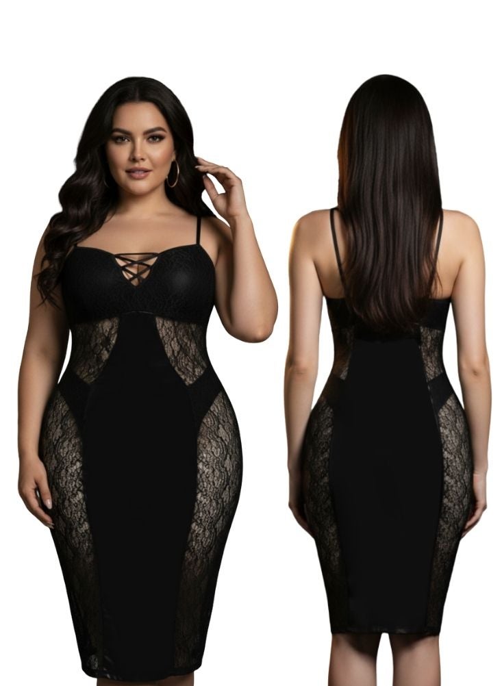 Cute Plus Size Lace Bodycon Nightwear Dress – Stretchable Black Lingerie for Women - Image 2