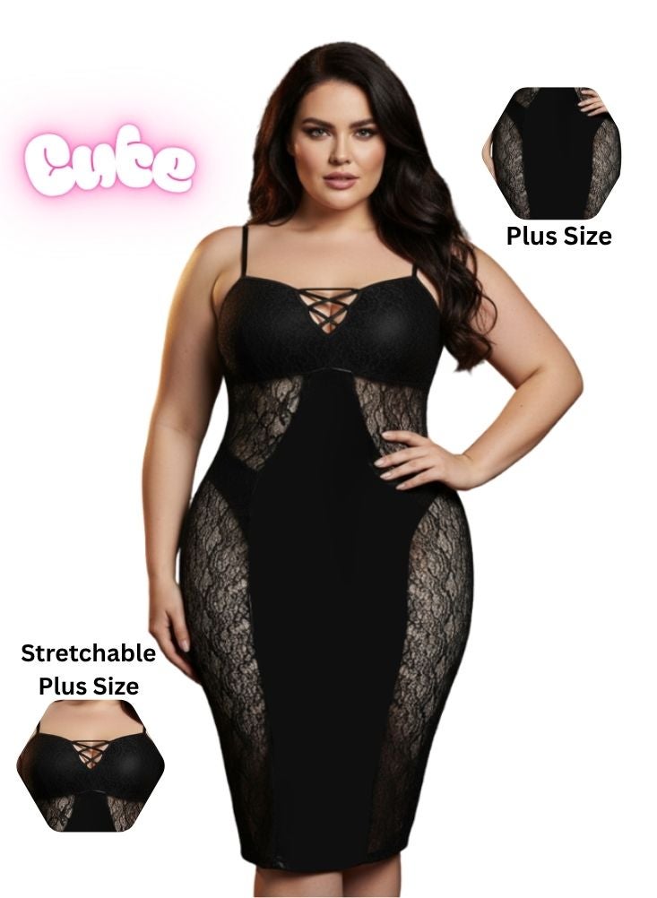 Cute Plus Size Lace Bodycon Nightwear Dress – Stretchable Black Lingerie for Women - Image 1