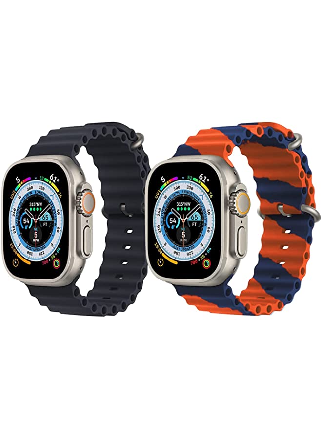 vesus Silicone Ocean Band Strap for Apple Watch Ultra 8 49mm Black Single Color Strap with Orange/Blue Double Line Strap Set of 2