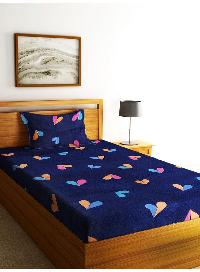 Fashion String شيت سرير مفرد من ميكروفايبر 144 TC مزين بقلب صغير باللون الأزرق الداكن مع غطاء وسادة واحد - Image 1