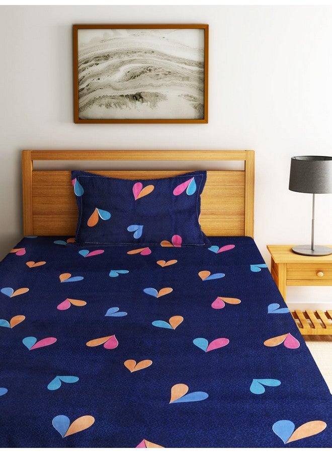 Fashion String شيت سرير مفرد من ميكروفايبر 144 TC مزين بقلب صغير باللون الأزرق الداكن مع غطاء وسادة واحد - Image 2