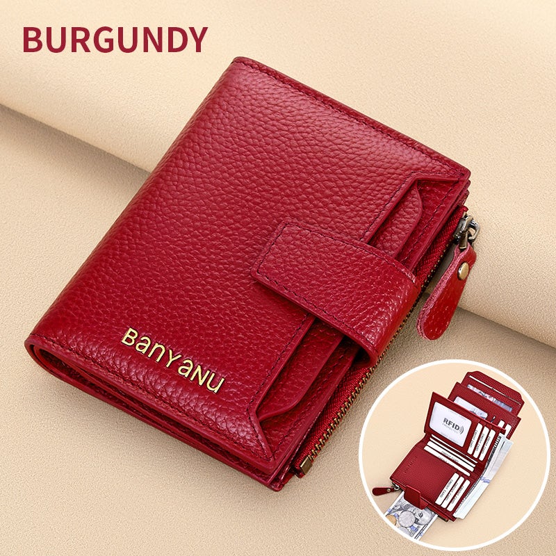 banyanu Small And Exquisite Women'S Wallets, Rfid Anti-Theft Genuine Leather Bi-Fold Wallets, With Id Card Window (Burgundy) - Image 1