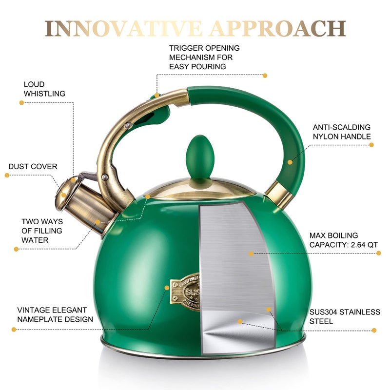 SUSTEAS Stove Top Whistling Tea Kettle - Food Grade Stainless Steel Teakettle Teapot with Cool Touch Ergonomic Handle, With 1 Silicone Pinch Mitt Included, 2.64 Quart (Green) - Image 2