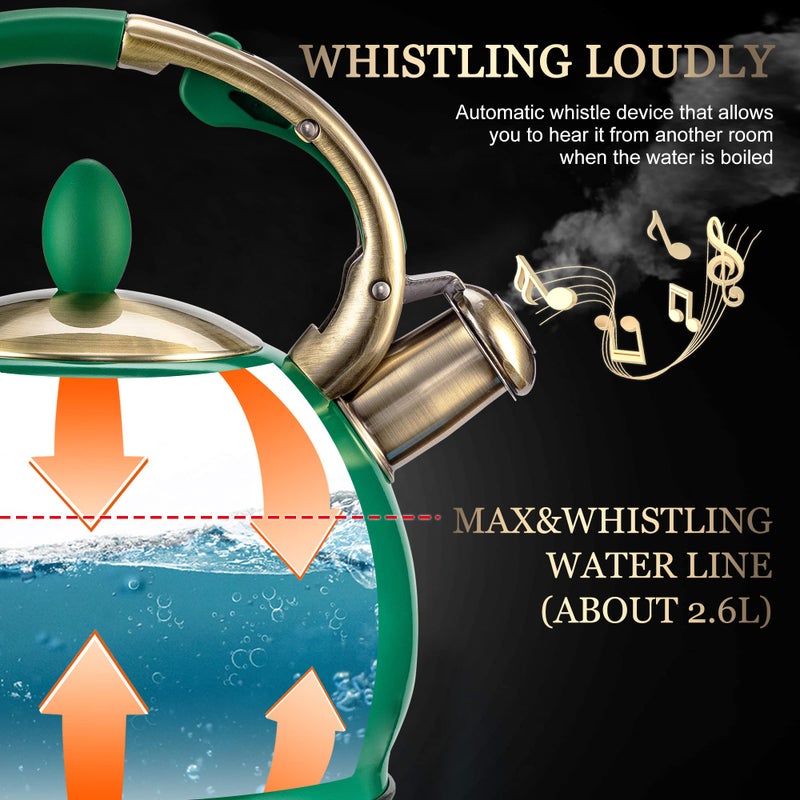 SUSTEAS Stove Top Whistling Tea Kettle - Food Grade Stainless Steel Teakettle Teapot with Cool Touch Ergonomic Handle, With 1 Silicone Pinch Mitt Included, 2.64 Quart (Green) - Image 3