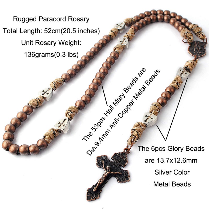 HanlinCC Large and Heavy Antique Copper Metal Beads Rugged Durable Paracord Rosary Necklace with St.Michael Center Piece and Pardon Crucifix for Men (Antique Copper St.Michael Paracord Rosary) - Image 2